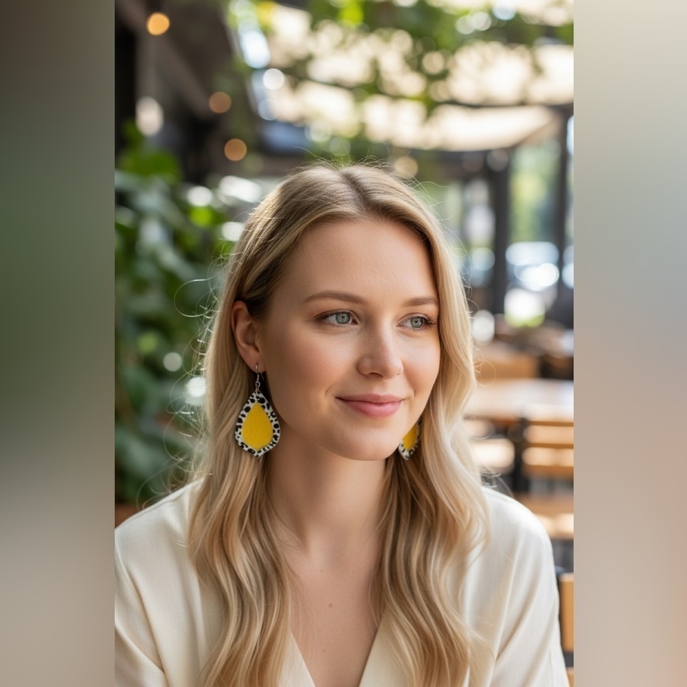 Yellow Teardrop Earrings with Black and White Accents NWT - Picture 2 of 5